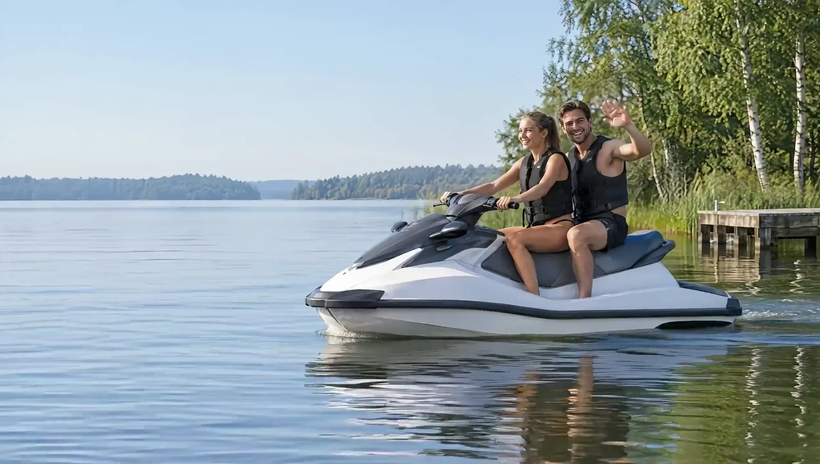 Eine Frau lenkt den Jetski gemächlich über den stillen See, hinter ihr winkt ihr Freund, beide tragen Schwimmwesten