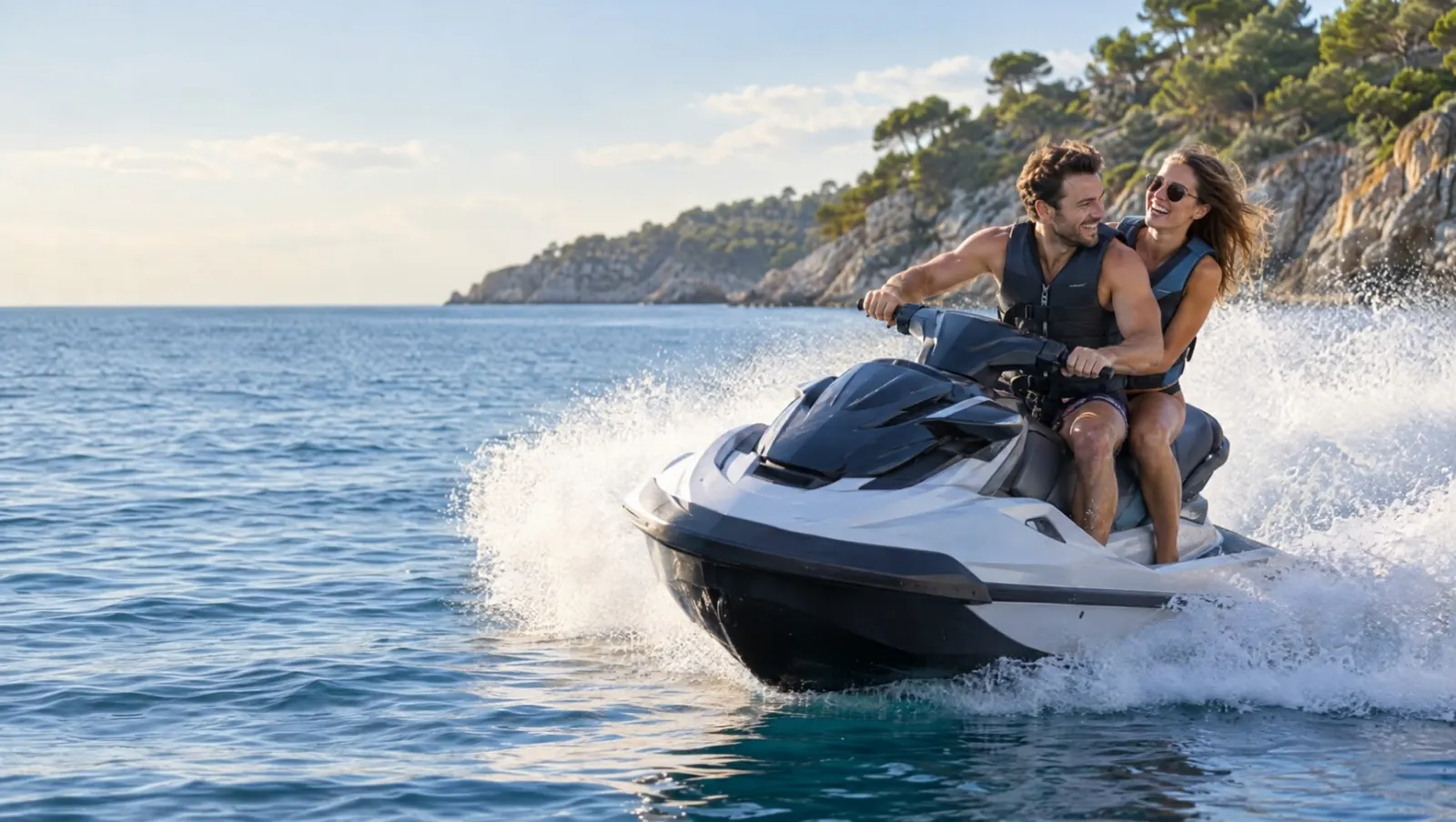 Ein lachendes Paar mit Schwimmwesten fährt mit dem Jetski eine Kurve vor einer felsigen Küste mit Pinien
