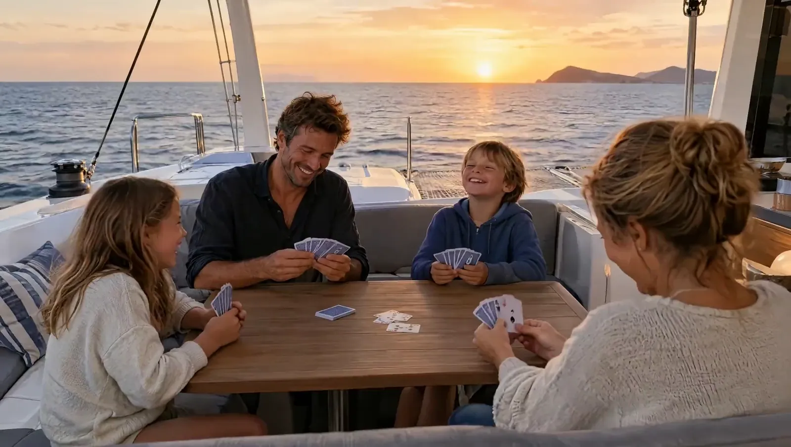 Vater, Mutter, Bub und Mädchen lachen beim Kartenspiel im Cockpit, dahinter geht die Sonne über dem Meer unter
