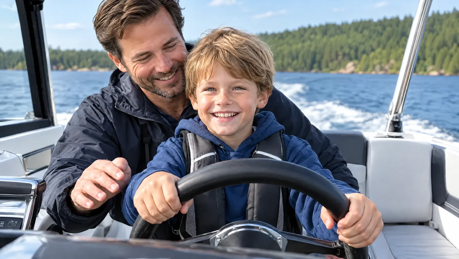 Ein Bub steuert lachend ein Motorboot, sein Vater steht daneben