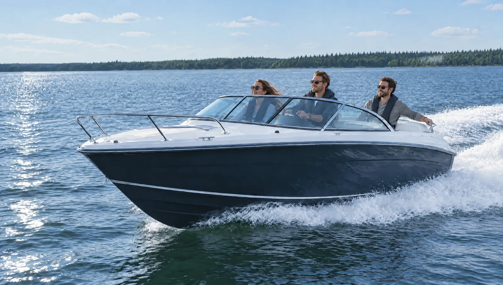 Drei Freunde lachen hinter der Windschutzscheibe von einem dunkelblauen Motorboot auf dem See