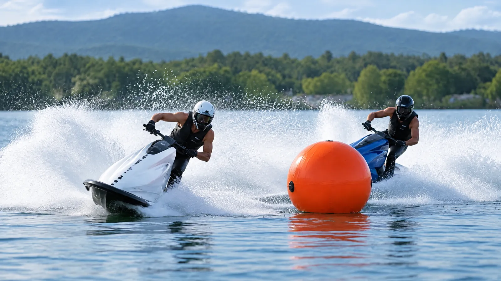 Zwei Jetski-Rennfahrer legen sich im Abendlicht in die Wende um eine orange Rennboje