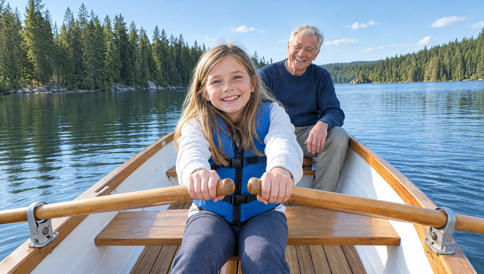 Ein Mädel in Schwimmweste rudert ein Holzboot über einen Waldsee, hinter ihr sitzt der grauhaarige Opa und lacht
