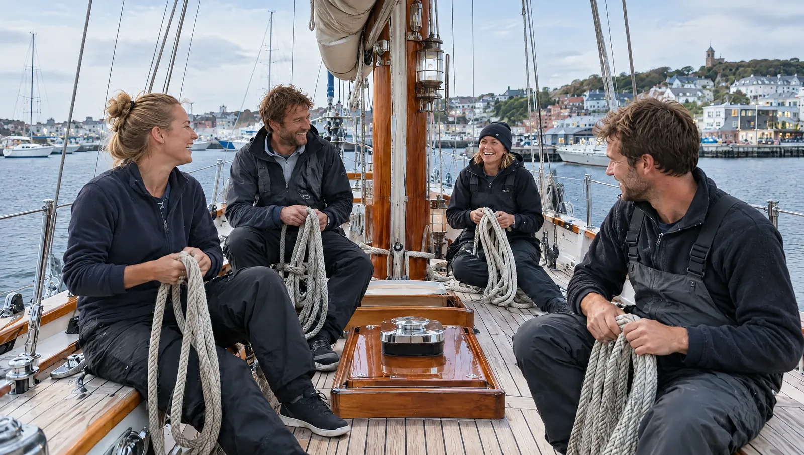 Die Crew sitzt im Hafen an Deck eines alten Segelschiffs, schießt Leinen auf und lacht