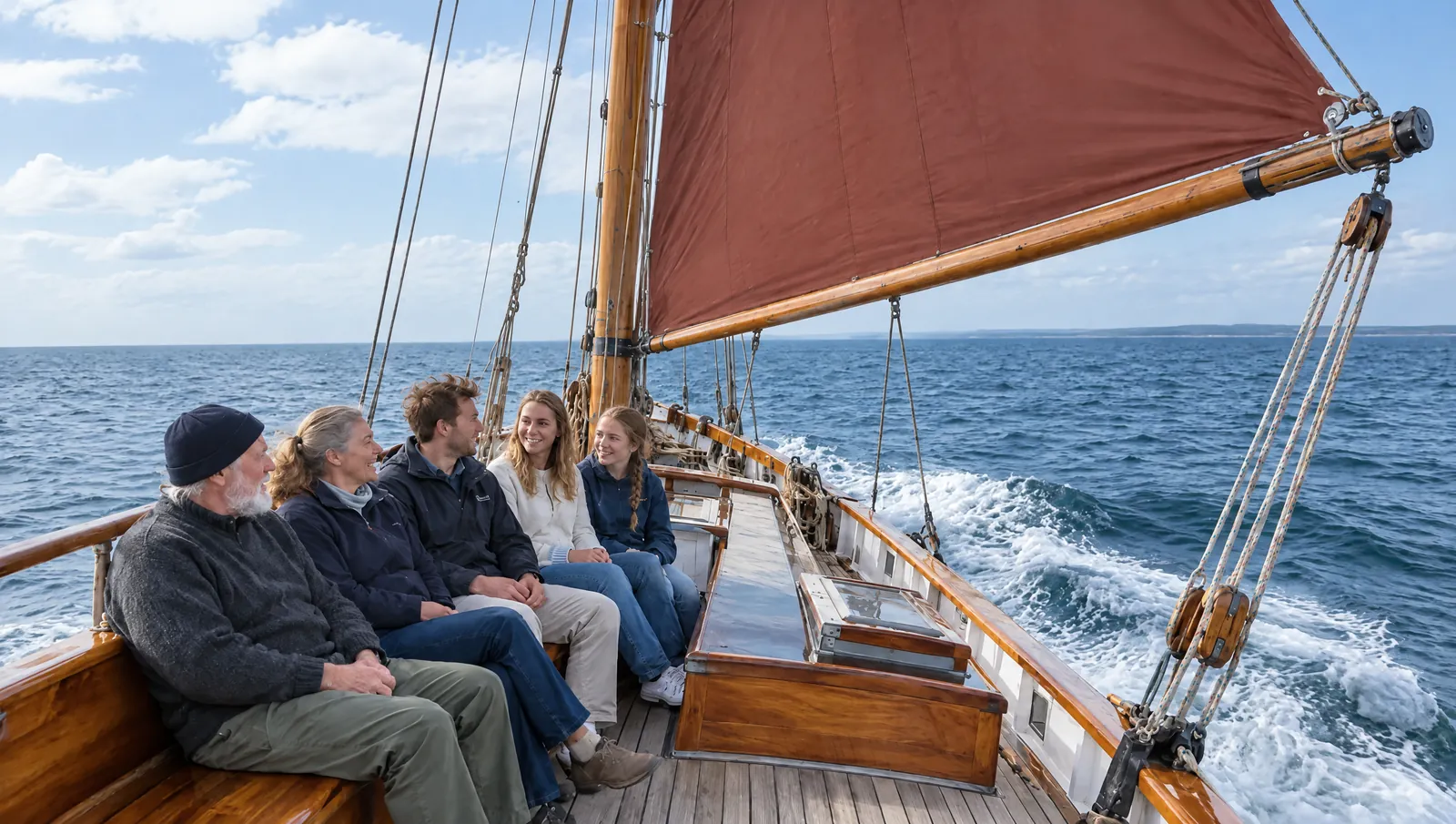 Fünf Leut jeden Alters sitzen lachend an Deck eines alten Segelschiffs mit rotbraunem Segel in der Sonne