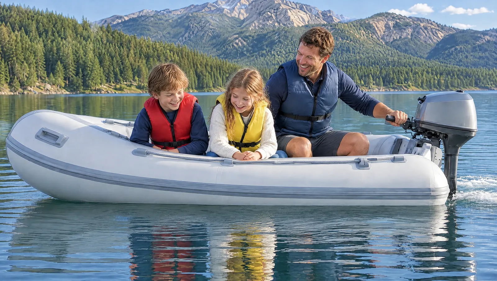 Papa kniet im grauen Schlauchboot hinter Bub und Mädchen, die lachend eine Hand in den Bergsee halten