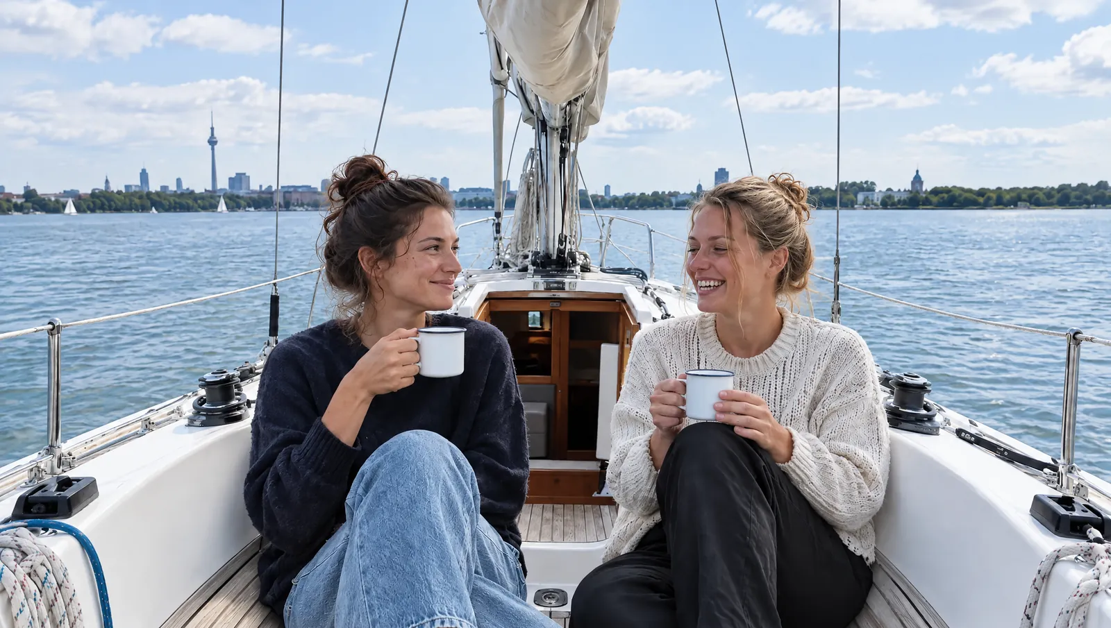 Zwei Freundinnen stoßen an Deck eines Segelboots mit Häferln an, der Himmel strahlt blau