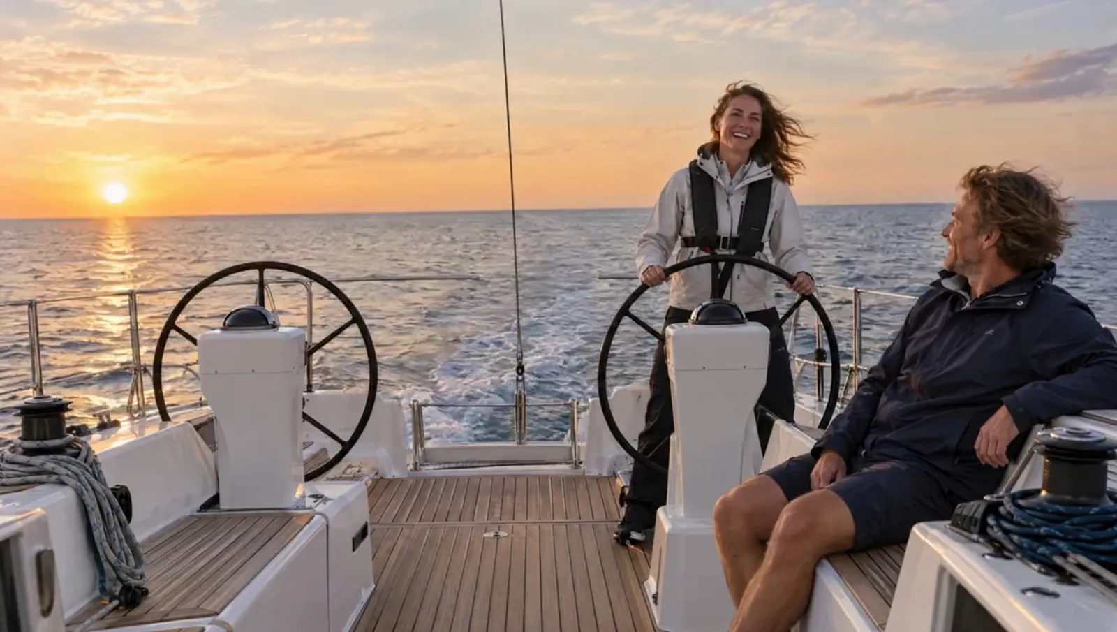 Eine Frau steht lachend am Steuer einer Segelyacht, ihr Mann sitzt im Cockpit, hinterm Heck geht die Sonne unter