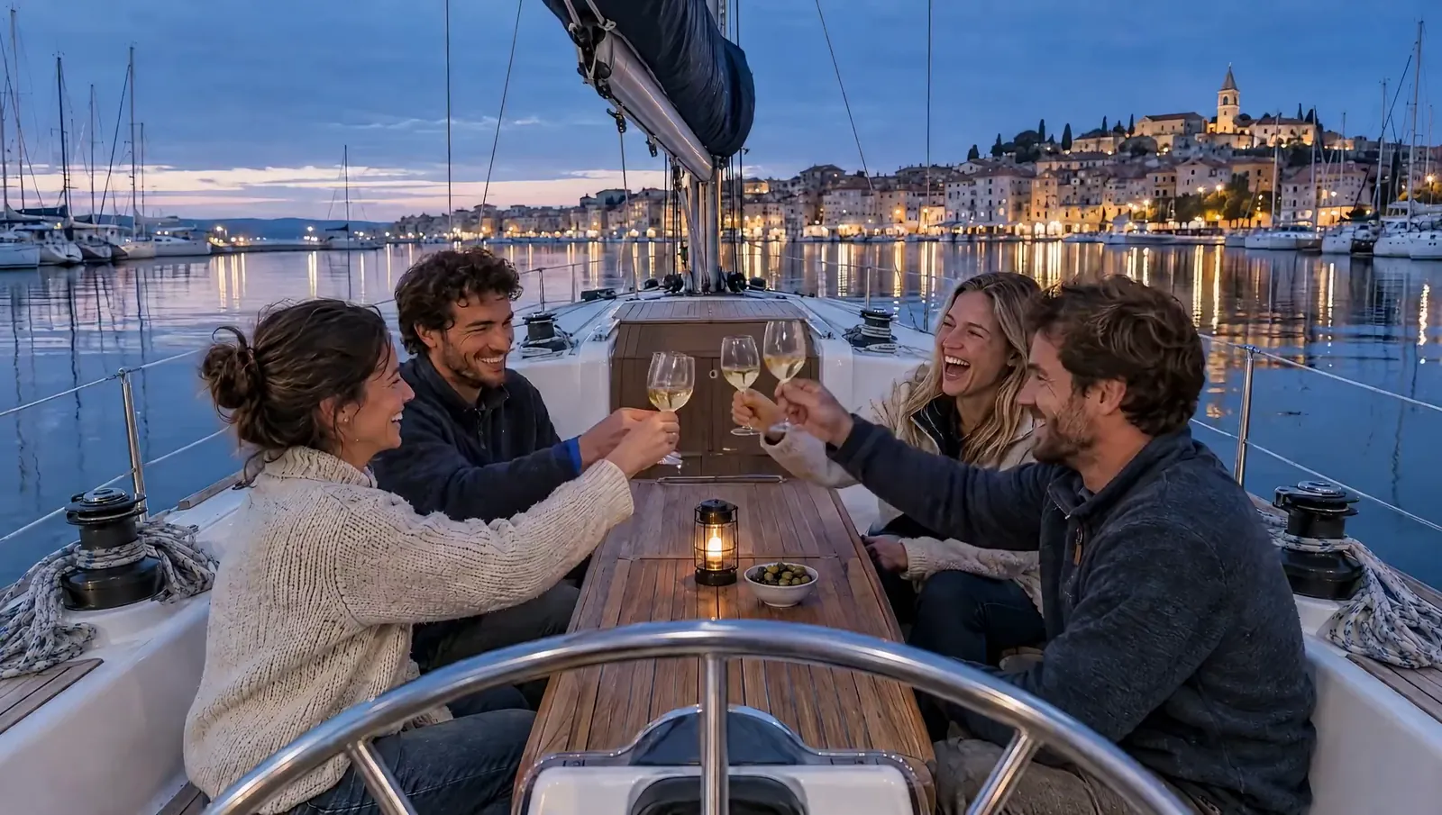 Vier Freunde stoßen zur blauen Stunde im Cockpit einer Segelyacht im Hafen lachend an