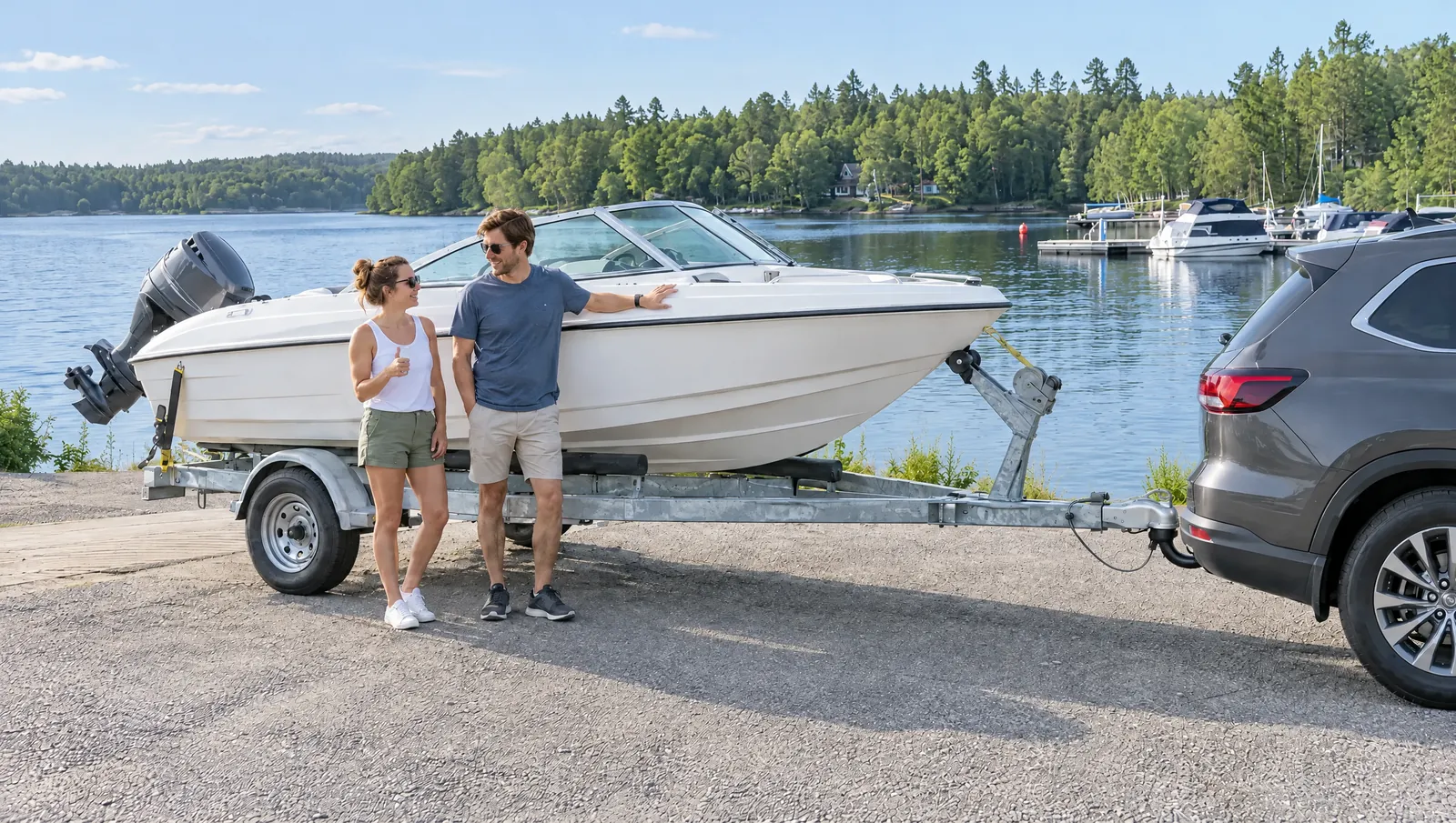 Paar lacht neben weißem Motorboot am Anhänger, angekuppelt an einen grauen SUV, oben an der Slipanlage am See