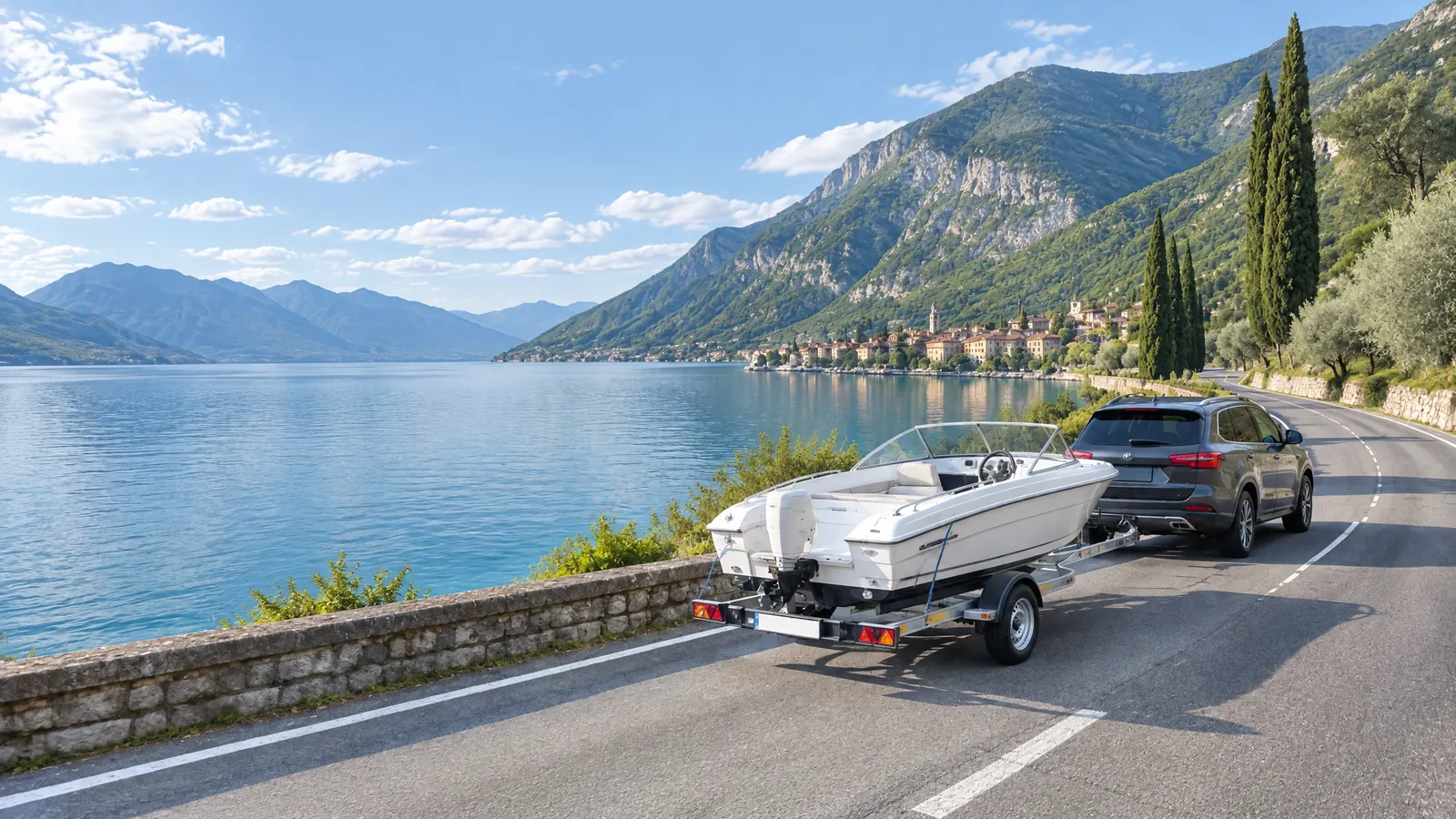 Am Vormittag am Bergsee: Ein grauer SUV zieht ein weißes Sportboot am Anhänger die Uferstraße entlang, Zypressen am Hang