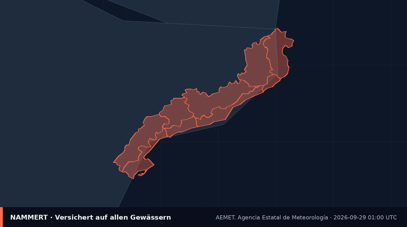 Karte der amtlichen Warnung für Spanien